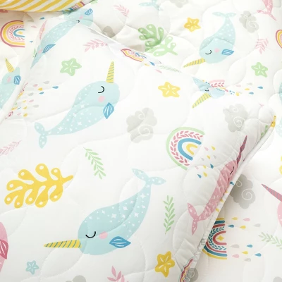 3pc Full/Queen Kids' Magical Narwhal Reversible Oversized Quilt Set White - Lush Décor: Kids Bedding, OEKO-TEX Certified 4 3pc Full/Queen Kids' Magical Narwhal Reversible Oversized Quilt Set White - Lush Décor: Kids Bedding, OEKO-TEX Certified - Image 4