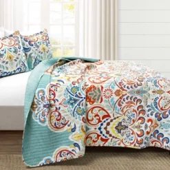 Lush Décor 3pc Boho Chic Reversible Oversized Cotton Quilt Set Seafoam/Red