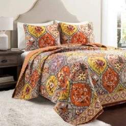Lush Décor 3pc Bohemian Flower Reversible Oversized Cotton Quilt Set Orange/Lilac -Beautiful House GUEST 315db16c 7b5a 4742 a499 1911b9e0546d