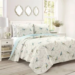 Lush Décor 3pc Botanical Bird And Flower Oversized Reversible Quilt Set White/Blue/Yellow -Beautiful House GUEST 32b47f22 5c17 41f3 a367 afe6413b5a6b