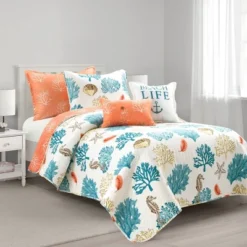 Coastal Reef Feather Reversible Quilt Set Blue/Coral - Lush Décor -Beautiful House GUEST 57970600 572b 4151 a282 52fdf09f2b98