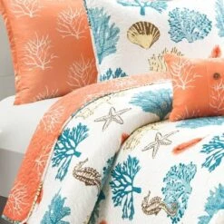 Coastal Reef Feather Reversible Quilt Set Blue/Coral - Lush Décor -Beautiful House GUEST 59c297d2 c930 4067 b09f 6c47ab61abe3