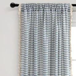 Lush Decor Boho Coastal Horizontal Ticking Stripe Tassel Window Curtain Panels Blue 52X84 Set
