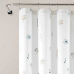 72"x72" Livia Flora Silver-Infused Antimicrobial Shower Curtain Neutral/Blue - Lush Décor