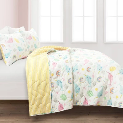 3pc Full/Queen Kids' Magical Narwhal Reversible Oversized Quilt Set White - Lush Décor: Kids Bedding, OEKO-TEX Certified 1 3pc Full/Queen Kids' Magical Narwhal Reversible Oversized Quilt Set White - Lush Décor: Kids Bedding, OEKO-TEX Certified