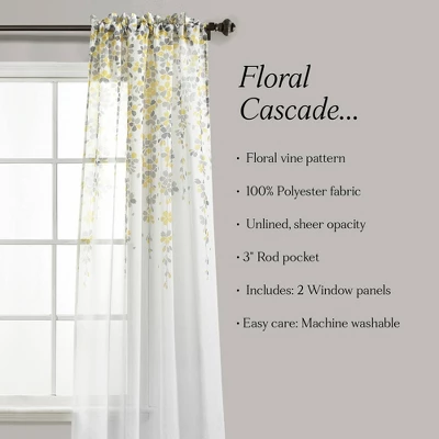 2pk 38"x84" Sheer Weeping Flower Curtain Panels Yellow/Gray - Lush Décor 5 2pk 38"x84" Sheer Weeping Flower Curtain Panels Yellow/Gray - Lush Décor - Image 5