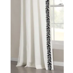 Lush Décor Luxury Modern Flower Linen Like Embroidery Border Window Curtain Panel Off White/Black Single 52X84