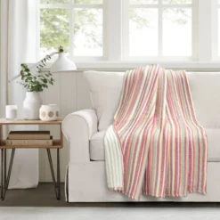 50"x60" Tracy Striped Kantha Pick Stitched Yarn Dyed Cotton Woven Throw Blanket Rust - Lush Décor