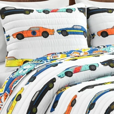 3pc Full/Queen Race Cars Reversible Kids' Quilt Set White - Lush Décor 2 3pc Full/Queen Race Cars Reversible Kids' Quilt Set White - Lush Décor - Image 2