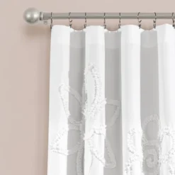 2pk 42"x84" Light Filtering Ruffle Flower Curtain Panels White - Lush Décor: Modern Floral Microfiber, Rod Pocket