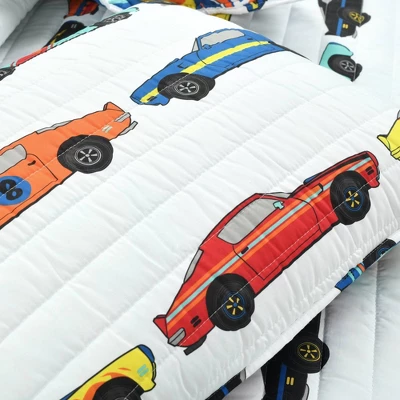 3pc Full/Queen Race Cars Reversible Kids' Quilt Set White - Lush Décor 4 3pc Full/Queen Race Cars Reversible Kids' Quilt Set White - Lush Décor - Image 4