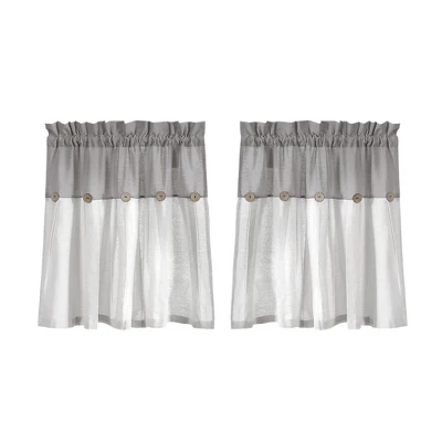 Lush Décor Linen Button Kitchen Tier Window Curtain Panels White/Gray 29X24+2 Set 5 Lush Décor Linen Button Kitchen Tier Window Curtain Panels White/Gray 29X24+2 Set - Image 5