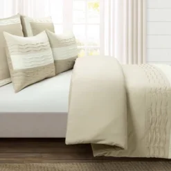 Lush Décor 5pc Mia Pleated Color Block Comforter Bedding Set Light Beige