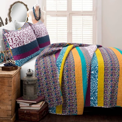 Lush Décor 3pc Boho Stripe Reversible Oversized Cotton Quilt Set 1 Lush Décor 3pc Boho Stripe Reversible Oversized Cotton Quilt Set